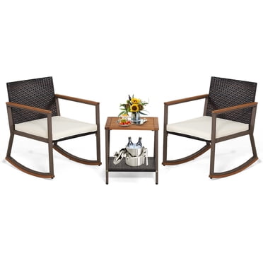 Costway Ensemble Bistro de 3 Pcs en Rotin pour Patio avec Fauteuils Berçants, Accoudoirs, Coussins et Table, avec Tablette de Rangement