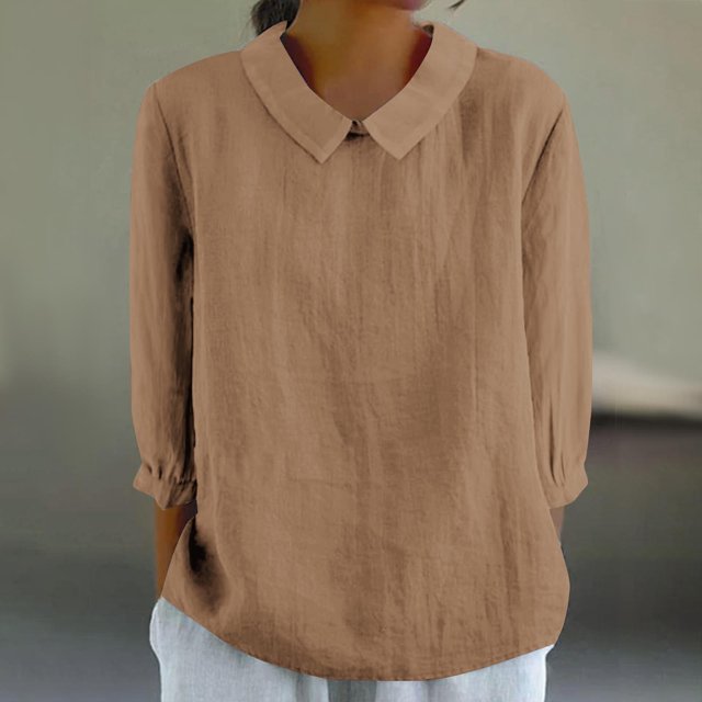 AherBiu Chemises en Lin pour Femmes Manches 3/4 Col à Revers Style Rétro Hauts Décontractés Amples Mode Automne 2024 Blouses