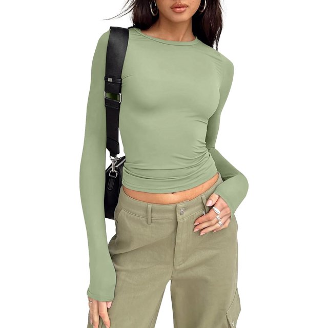 ORUYROP Womens Long Sleeve Fall Fashion 2023 Crop Tops Basic Layering Workout Slim Fitted T Shirts Y2K Tops