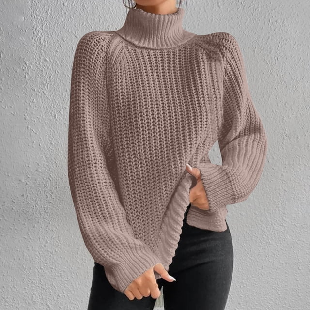 Qertyioot Chandails Surdimensionnés pour Femmes Col Roulé Mode Manches Longues Col Roulé Chandail Décontracté Hauts