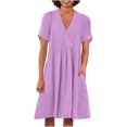 thumbnail image 1 of Swstbby Liquidation d'Économies d'Été! Robe d'Été pour Femmes, Robe Décontractée Ample Mode Rétro en Coton et Lin à Manches Courtes, Col en V, Plissée, Violet TG, 1 of 5
