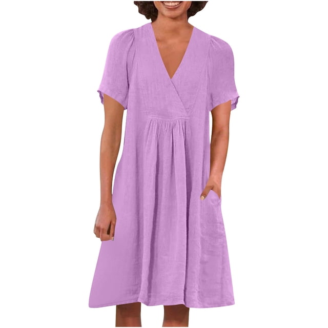 Swstbby Liquidation d'Économies d'Été! Robe d'Été pour Femmes, Robe Décontractée Ample Mode Rétro en Coton et Lin à Manches Courtes, Col en V, Plissée, Violet TG