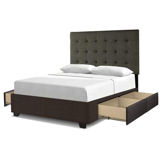 Lit Plateforme Très Grand Size en Tissu Manhattan "Steel-Core" avec 4 Tiroirs Gris