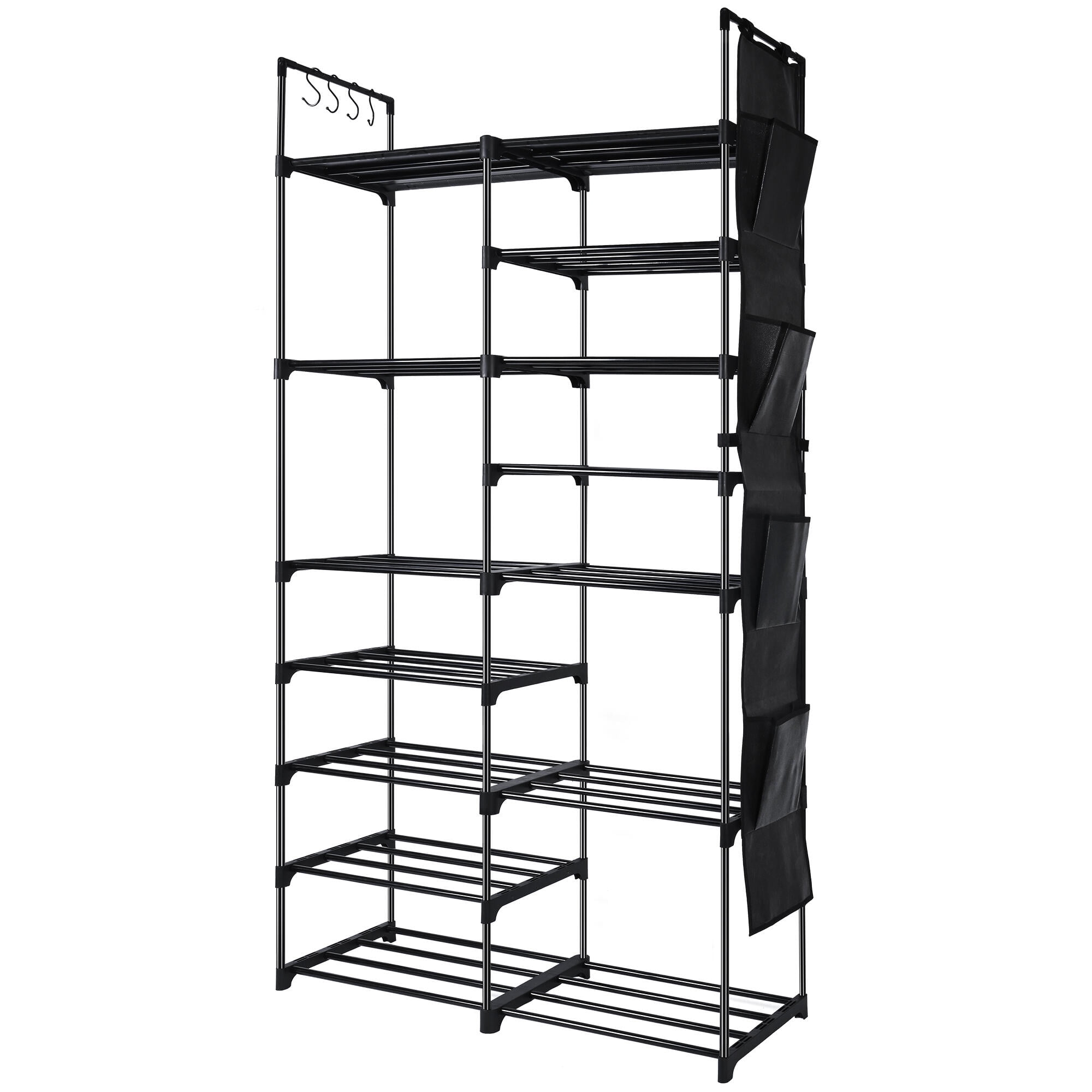 9 Tier Stackable Shoe Rack with 4 Side Pockets and Hooks, 30 Pairs Durable Metal Pipes Shoe Shelf Tower Storage Organizer, Black