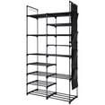 thumbnail image 1 of 9 Tier Stackable Shoe Rack with 4 Side Pockets and Hooks, 30 Pairs Durable Metal Pipes Shoe Shelf Tower Storage Organizer, Black, 1 of 8