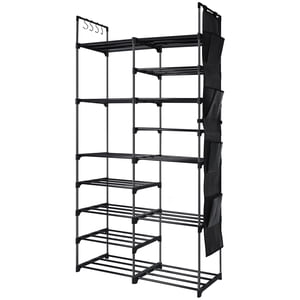 9 Rack de chaussures empilables Tier avec 4 Poches latérales et crochets, 30 Paires Tuyaux en métal durable Organisateur de rangement de la tour de chaussures, noir
