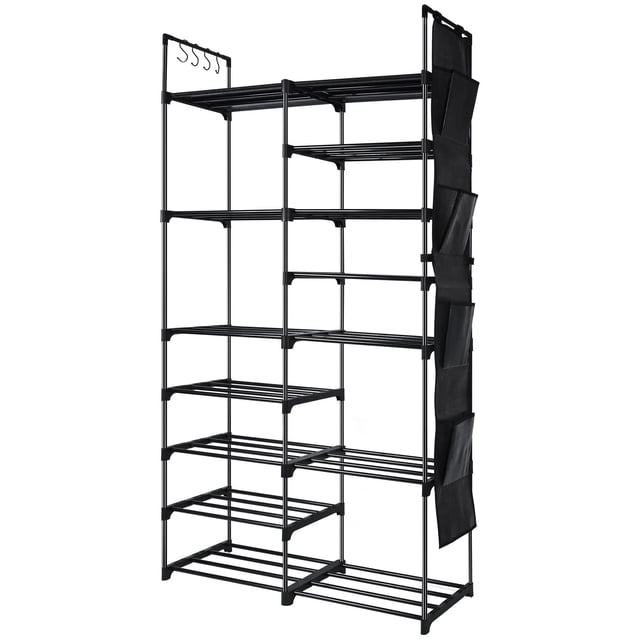 9 Tier Stackable Shoe Rack with 4 Side Pockets and Hooks, 30 Pairs Durable Metal Pipes Shoe Shelf Tower Storage Organizer, Black