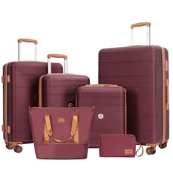Travelhouse Ensemble de 6 Pcs de Bagages Rigides pour Voyageurs en Famille, Valise Légère à Rayures avec Serrure TSA, Roues Pivotantes 360 et Sac de Sport Assorti, Rouge Vin
