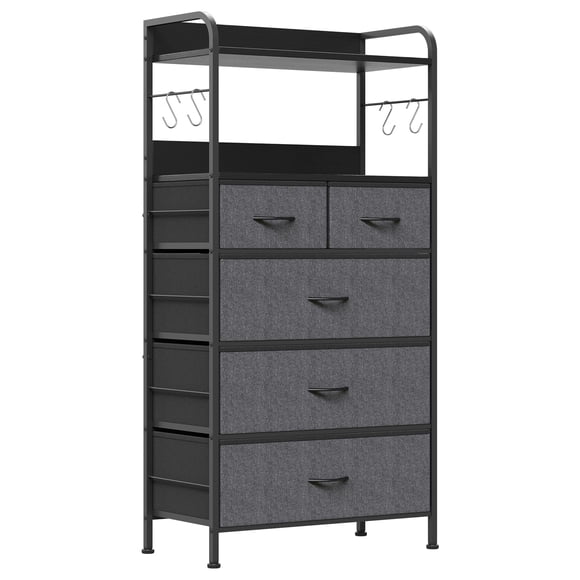 Towallmark Commode en Tissu à 5 Tiroirs, Commode Haute avec Cadre Robuste et Dessus en Bois, Unité d'Organisation, Gris
