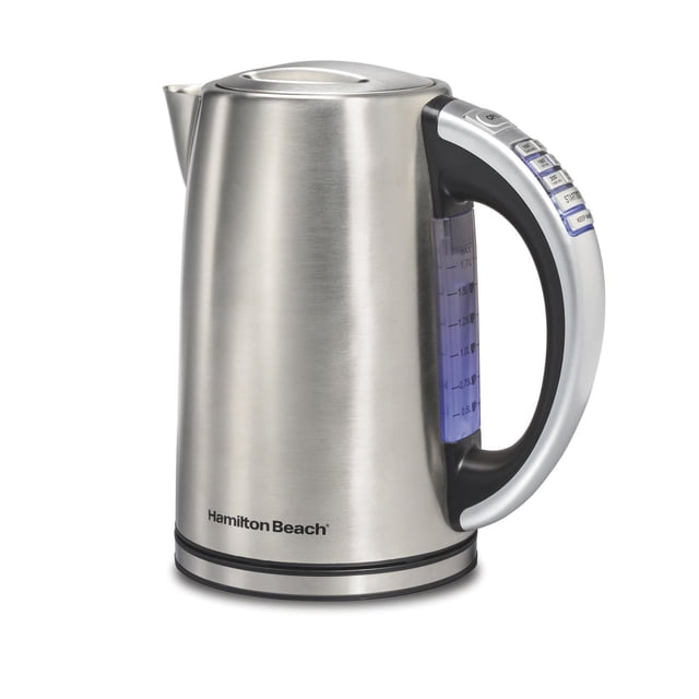 Hamilton Beach 1.7 Liter Cordless Electric Variable Temperature Kettle with stainless steel body, black and silver handle featuring six preset temperature buttons, water level indicator, 1500-watt rapid boil concealed heating element, and 30-minute keep warm function.