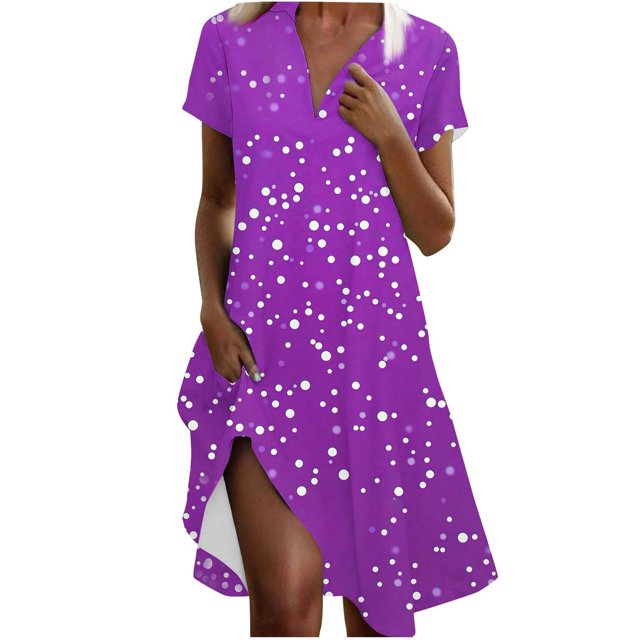 VEKDONE Robe Ample et Confortable pour Femmes à Pois, Col en V, Manches Courtes, Violet G
