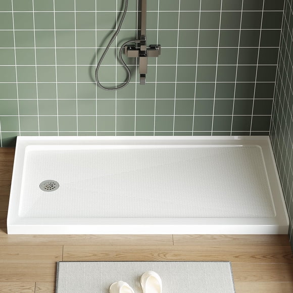 Base de Douche 60 Pouces x 32 Pouces, Bac de Douche avec Surface Texturée Antidérapante, CUPC, Base de Plancher de Douche en Acrylique et Fibre de Verre Certifiée CSA, Couvercle Amovible en Acier Inoxydable