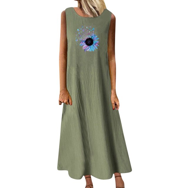 Birdeem Robe Longue d'Été Décontractée pour Femmes, Col Rond, Sans Manches, avec Poches, Vacances, Plage