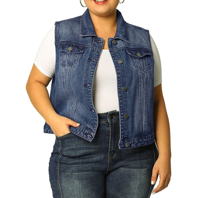 GRACE & GRANDEUR Women's Plus Jeans Jacket Vest Fall Button Down Denim Jacket Blue 1X