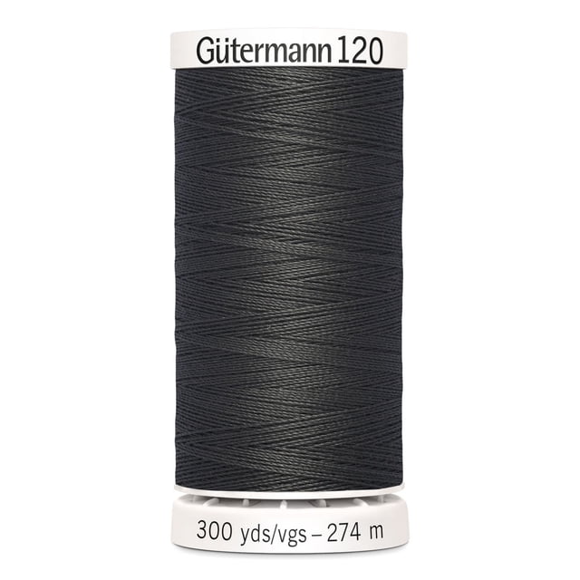 Gutermann 120 100% polyester all purpose sewing thread spool in black, tightly wound on a white plastic spool labeled with brand and length 300 yards (274 meters), suitable for machine and hand sewing various fabrics including cotton, synthetics, and wool, often used for craft and mending projects.