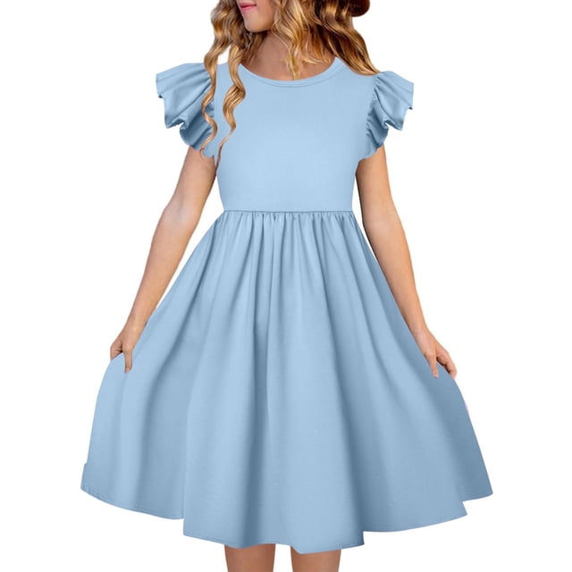 FhsagQ Robes pour Filles Enfants Filles Manches Volantées Col Rond Robes Enfants Été Robe à Manches à Volants Fille Robes de Printemps Taille 8-10 Moins de 20 Printemps Bleu 5-6 Ans