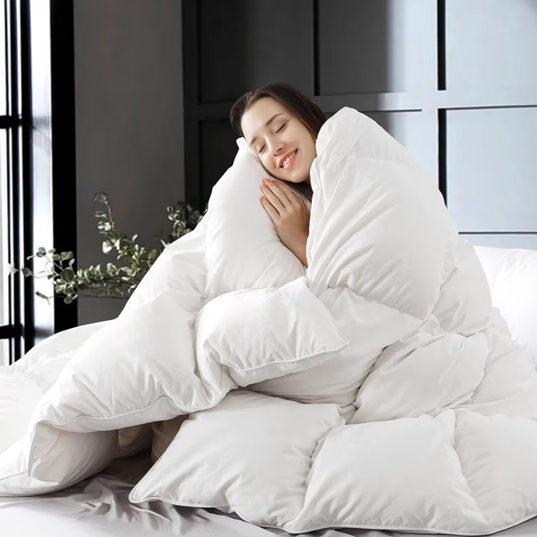 WhatsBedding White Queen Size Feather Down Fiber Comforter, Filled with Feather and Down Fiber, All Season Fluffy Ultra Soft Cotton Duvet Insert, Luxury Hotel Bedding St