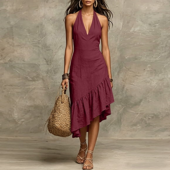 pstuiky Summer Dress, Women's V-Neck Sleeveless Dress Solid Asymmetrical Hem Dress for Casual Wear Irregular Cut Summer Dress for Women Fitted Tank Style Dress for Office, Party, and Daily Wear