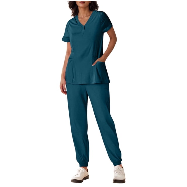 Yanlir Womens Button Down Solid Color Short Sleeve V Neck Blouse and Foot Binding Pants Set Fashion Two Piece Outfit(Navy,L)