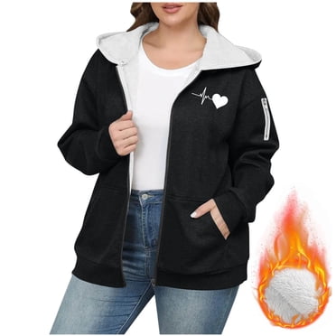 Elvqul Jacket for Women Plus Size Fleece Hooded Outerwear Sweaters Thermal Womens Coat Long Sleeve