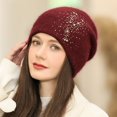 thumbnail image 1 of Women Hat Sequins Rhinestone Decoration Shiny Solid Color Brimless Autumn Winter Coldproof Knitting Beanie Hat Streetwear, 1 of 8