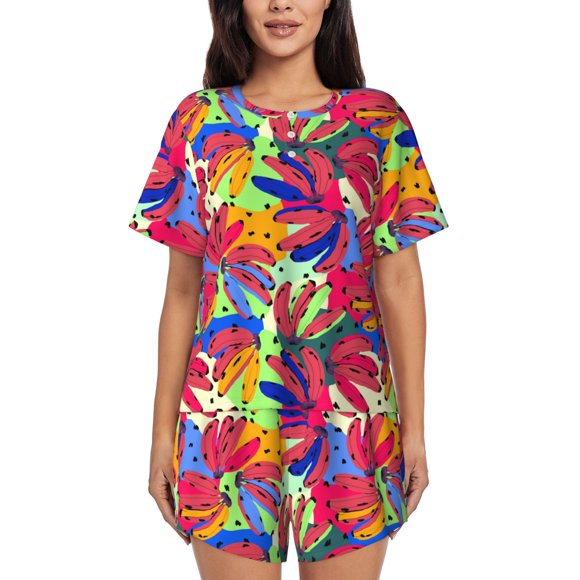 Vsdgher Colorful Bananas Pattern Womens Pajamas 2 Piece Short Sleeve Sleepwear Set,Summer Soft Pajamas Set Casual Lounge Sets, 2-Piece Pj-Large