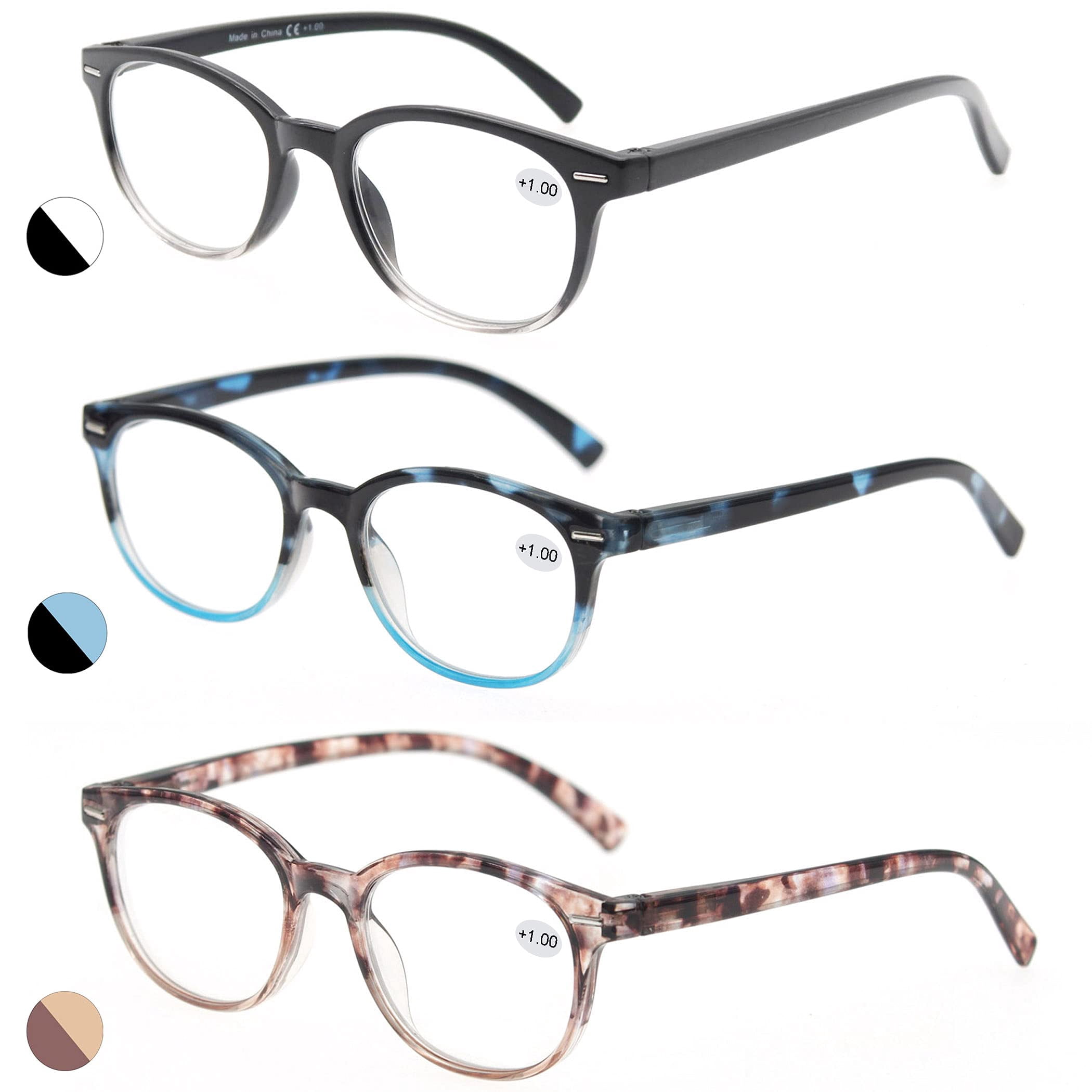 MODFANS Reading Glasses 2.0 Women 3 Pack Spring Hinge Fashion Round Stylish for Reading with Pouch