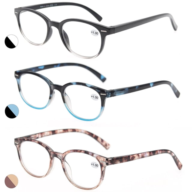 MODFANS Lunettes de Lecture 2.0 pour Femmes, Lot de 3, avec Montures à Charnières à Ressort Rondes, design Élégant. Comprend Trois variations de Couleur : Écaille Noire, Écaille Bleue et Écaille Rose. Chaque Paire Est Fournie avec une Pochette Assortie pour un Rangement Pratique.