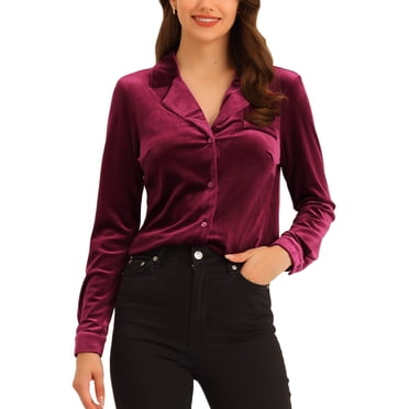 INSPIRE CHIC Haut en Velours pour Femme Chemise Boutonnée Col en V Manches Longues Blouse Rétro L Noir