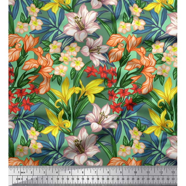 Soimoi Tissu en Velours Vert Feuilles, & Lys Imprimé Floral Tissu au Mètre 58 Pouces de Large