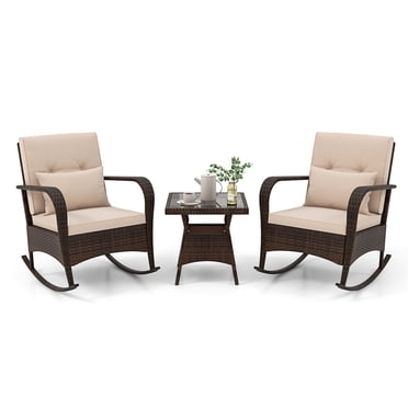 Gymax 3PCS Outdoor Rocking Set Rattan Rocker Chairs w/ Tempered Glass Coffee Table Wicker Rocker Set Brown