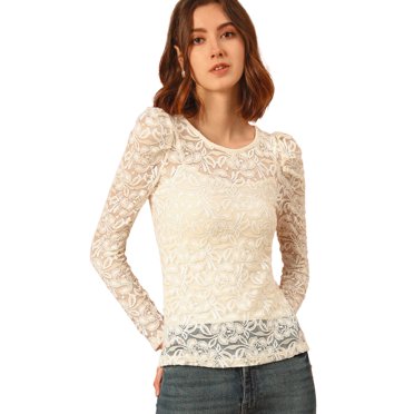 INSPIRE CHIC Women's Puff Long Sleeve Semi Sheer Floral Lace Tops