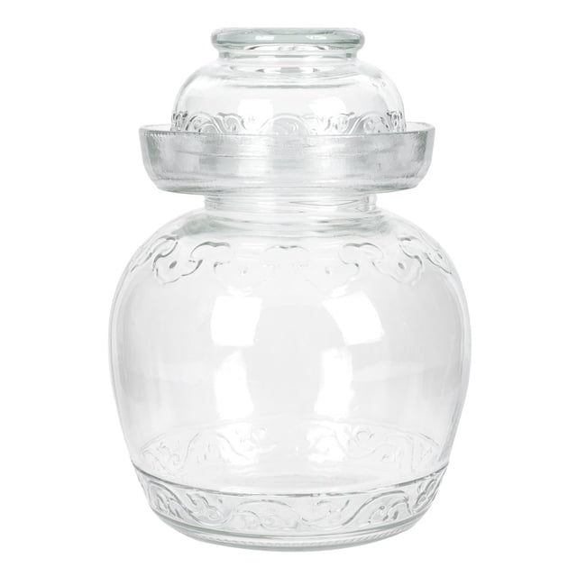 AMERTEER Jar Pickle Glass Fermenting Crock, a transparent glass container with a smooth surface and intricate decorative patterns. Designed for fermenting kimchi, pickling, and food storage, it features a tightly sealed lid for dust-proof and insect-proof storage. Made from durable, food-grade glass, this jar is ideal for modern kitchen organization.