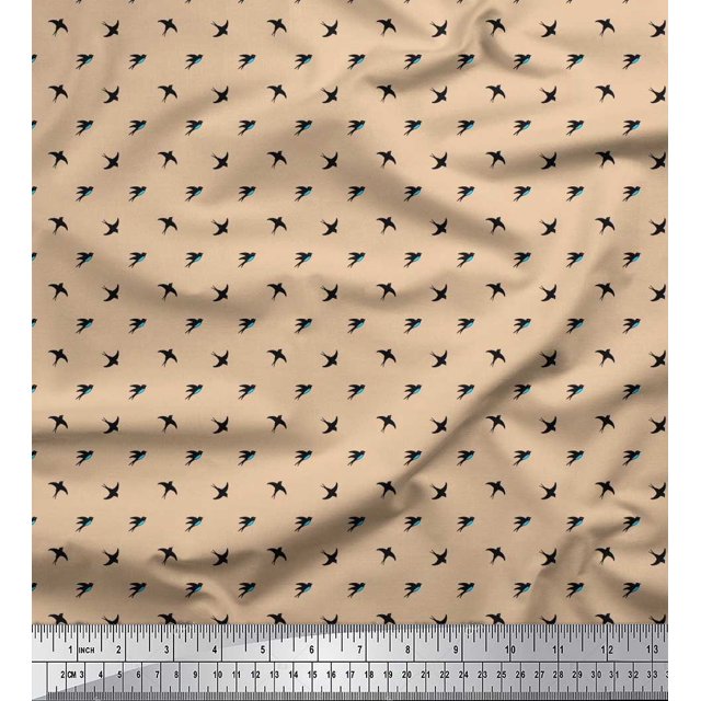 Soimoi Satin Silk Fabric Swallow Bird Small Print Sewing Fabric Yard 42 Inch Wide