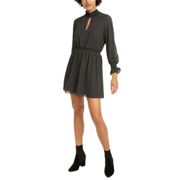 Rachel Roy Robe Évasée Courte à Pois Noirs à Manches Longues avec Goutte d'Eau pour Femmes Taille TP - Tout