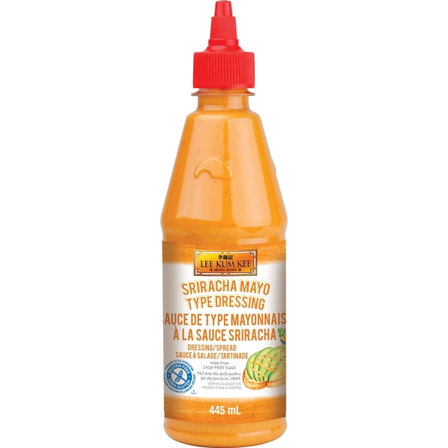 Lee Kum Kee Mayo Sriracha Bouteille de 445 ml avec Bouchon Torsadé Rouge Contenant de la sauce Mayo Sriracha à l'Orange Crémeuse. l'Étiquette Bilingue Indique Qu'il s'Agit d'Une Vinaigrette de type Mayo Sriracha Faite à Partir d'Oeufs Sans Cage, Certifiée Sans Gluten par l'Association Canadienne pour la Coeliaque, Idéale pour les sandwiches, Enveloppements, Trempettes et Tartinades.
