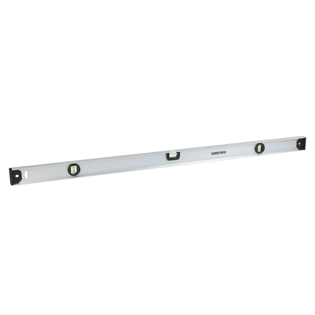 Swiss Tech 48" Aluminum I-Beam Level with three green acrylic vials including a top-read window, rigid aluminum frame with shock-absorbing end caps, and ruled working edge, suitable for precise measuring and layout tasks in home improvement.