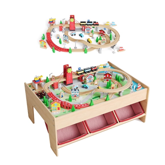 Train Table – 92 Pieces Wooden Train Set & Table – 3 Storage Bins – Tracks, Railway & City – Gift for Toddler Boys & Girls Ages 3+