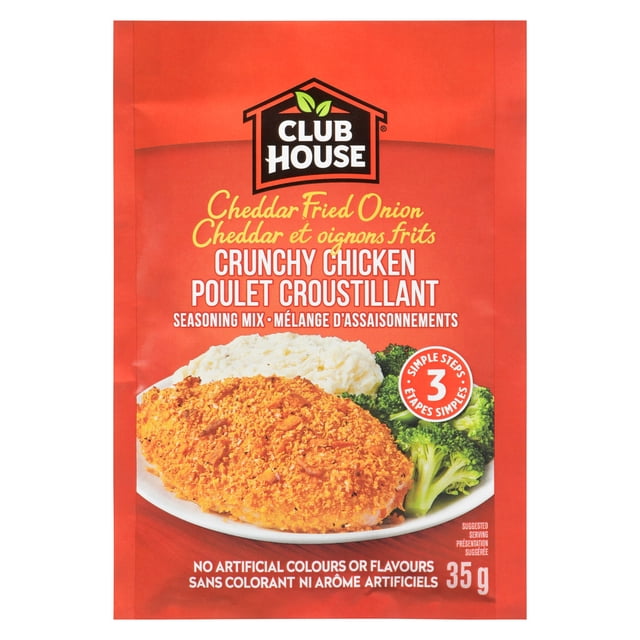 Cheddar Fried Onion Crunchy Chicken Seasoning Mix 35 g by Club House in red packaging showing a crispy cheddar and fried onion coated chicken breast on a plate with mashed potatoes and broccoli, highlighting no artificial colours or flavours and simple 3-step preparation.