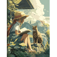 thumbnail image 1 of Toile Murale Café Fille Lisant avec Chat 15,75 X 11,81 Pouces, 1 of 8