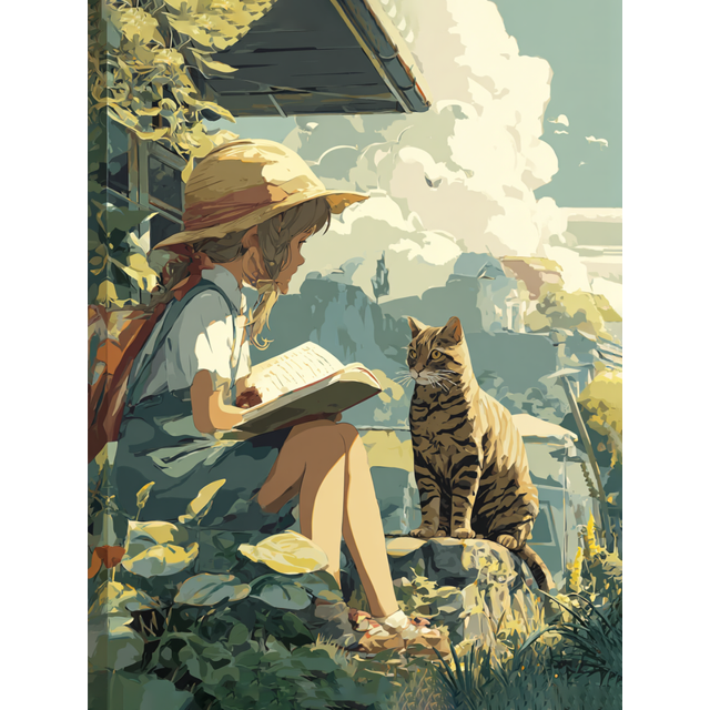 Toile Murale Café Fille Lisant avec Chat 15,75 X 11,81 Pouces