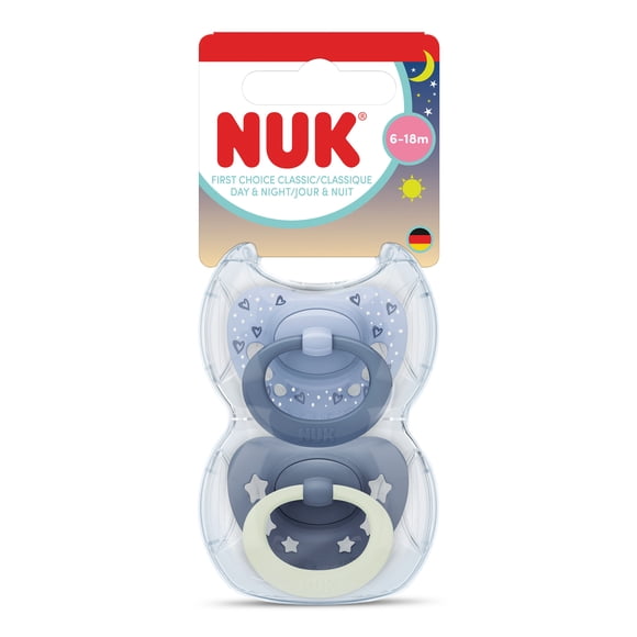 NUK First Choice Classic Night Baby Pacifiers, 6-18 Months, Orthodontic Pacifiers that Glow in the Dark, 95% Baby Acceptance**, Blue, 2 Count