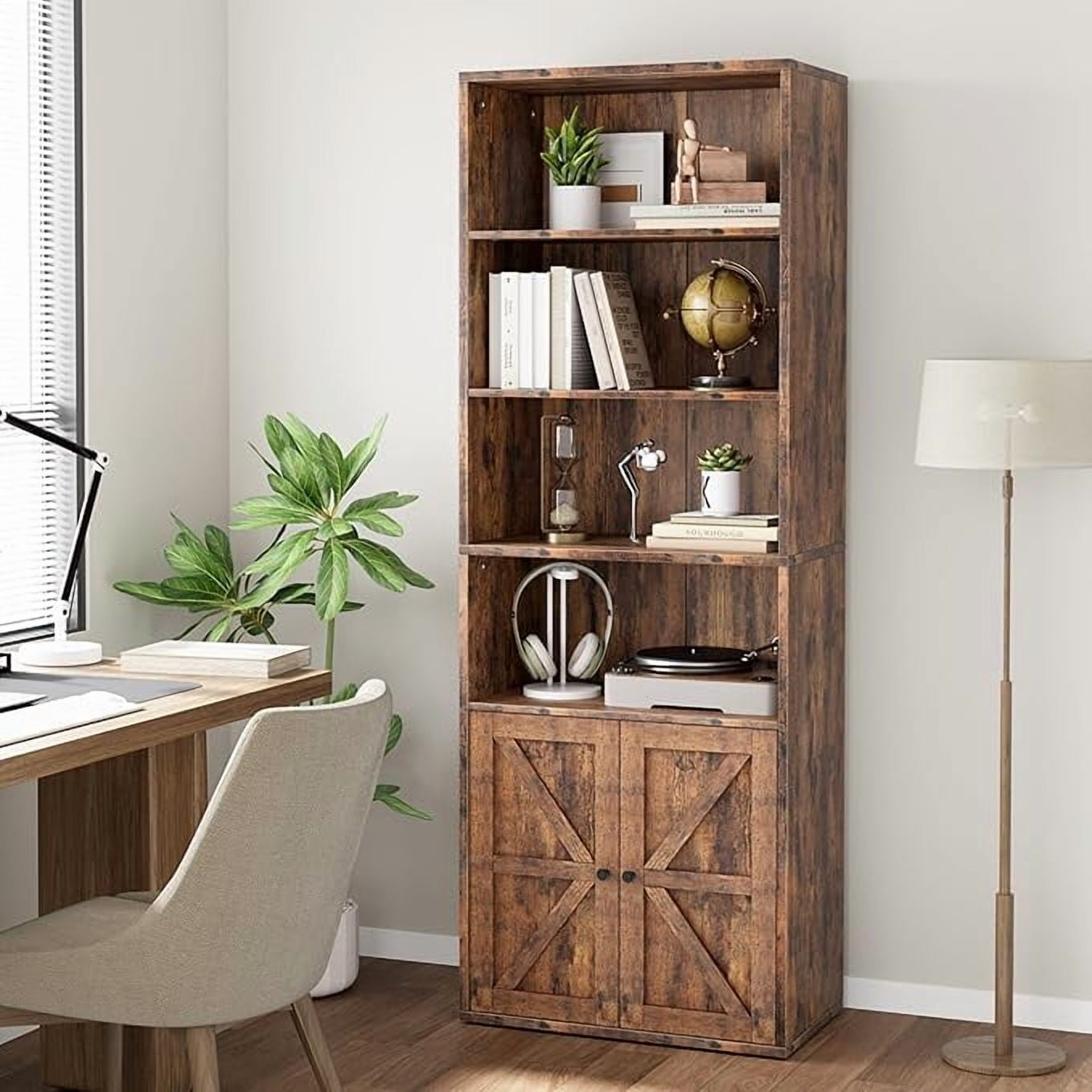 EastVita Bookcase with Doors Farmhouse Bookshelf 11.8in Depth Wooden Display Storage Shelves 71.4in Tall Bookcases Industrial 6 Shelf Grey Bookshelves