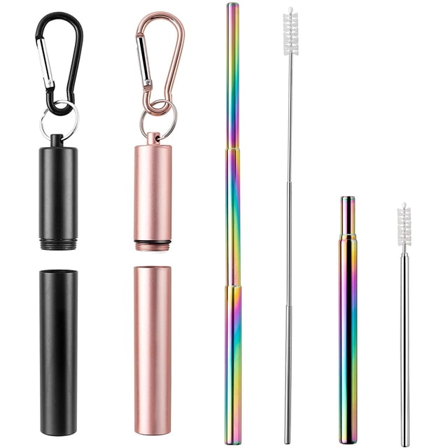 Lot de 2 Pailles Réutilisables Pliables, Pailles Portables Réutilisables, avec Porte-Clés, Brosses de Nettoyage, Parfait pour Voyager, Cadeaux