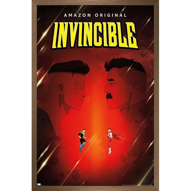 Invincible - Father and Son One Sheet Wall Poster, 22.375" x 34" featuring two animated male superheroes facing each other with large shadowed profiles behind on a red gradient background, framed in brown wood, with bold yellow 'INVINCIBLE' text and 'Amazon Original' above, ideal for home or office wall décor.