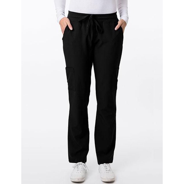 Greentown Canada 4Flex 2200 Scrub Pant in black with modern straight leg fit, rib stretch waistband, drawstring closure, and moisture-wicking 93% polyester 7% spandex fabric offering four-way stretch, featuring two slash pockets and two cargo pockets, ideal for medical uniforms and workwear.