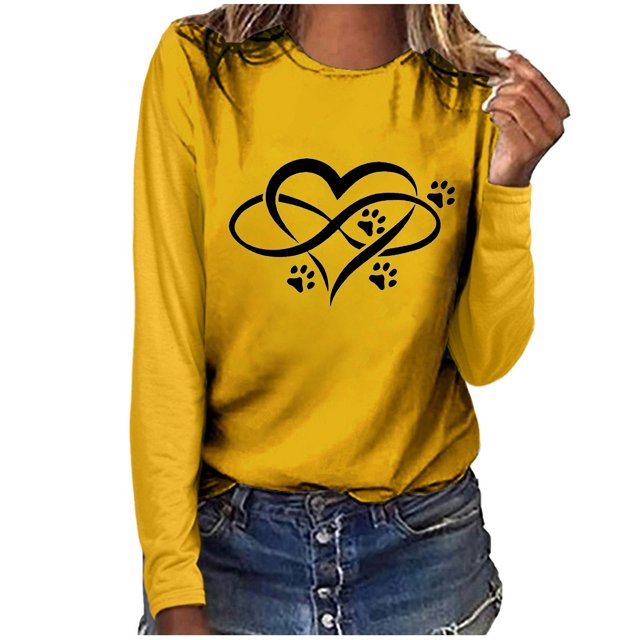 Besolor Tuniques Automne Printemps pour Femmes 2024 Imprimé Cœur Col Rond Manches Longues Chemises Décontractées Amples Blouse Tee