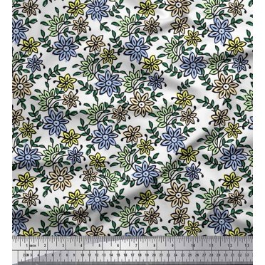 Soimoi Satin Silk Fabric Leaves & Floral Block Printed Fabric 1 Yard 42 Inch Wide