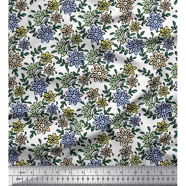 Soimoi Poly Georgette Fabric Leaves & Floral Block Print Fabric by The Yard 52 Inch Wide