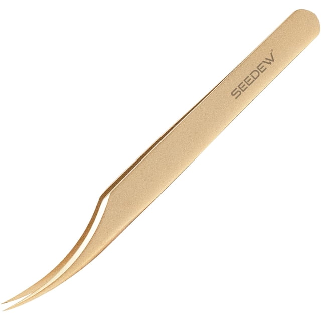 SEEDEW Pince à Épiler Extensions de Cils 1 PCS Acier Inoxydable Courbé Pointu Dauphin Pince à Épiler Isolation Fournitures de Précision Professionnelle Outils d'Application de Faux Cils pour Technicienne en Cils, Artiste des Cils Débutant (Doré)